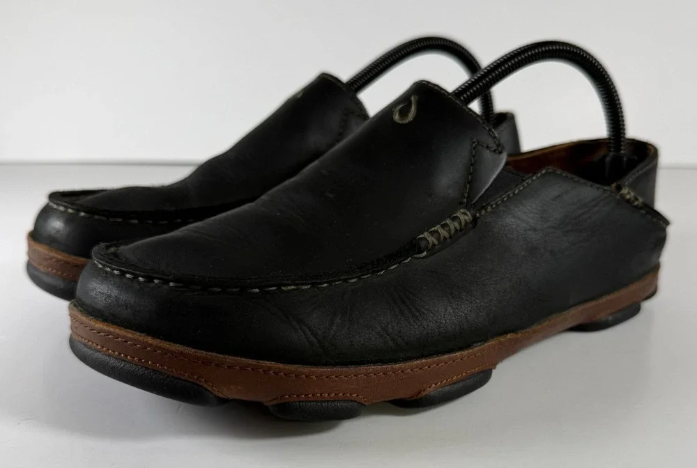 OluKai Moloa Men's 8 Black Toffee Leather Slip On Loafers 10128-4033